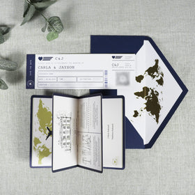 DIY Design Navy Paper Handmade RSVP Cards Custom Printed Passport Booklet Invitations With Gold Foil Envelope
