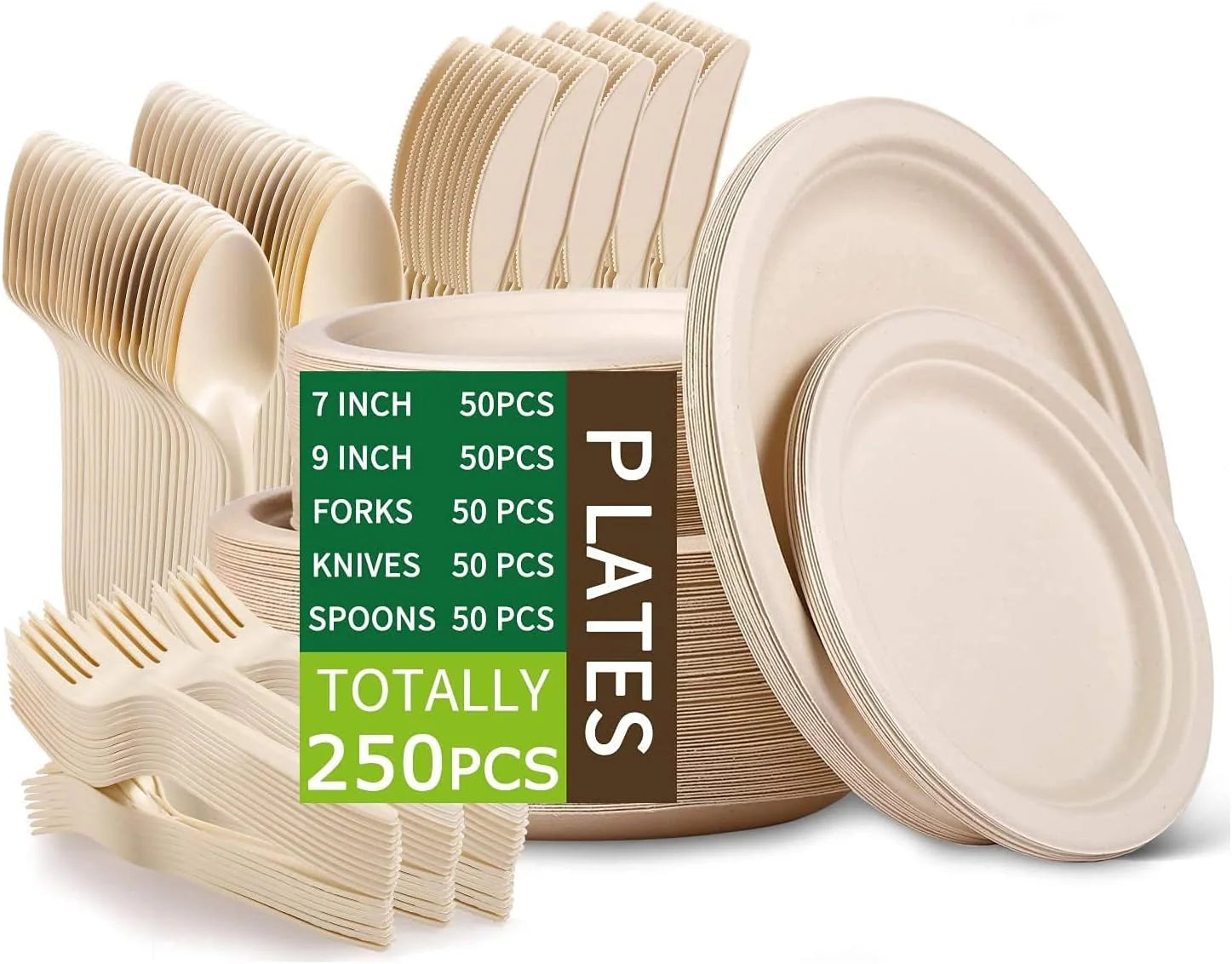 Disposable Eco-Friendly Compostable Paper Plates Set 250 Sets Sugarcane Bagasse 9 Inch 7 Inch Party Plates Forks Knives Spoons