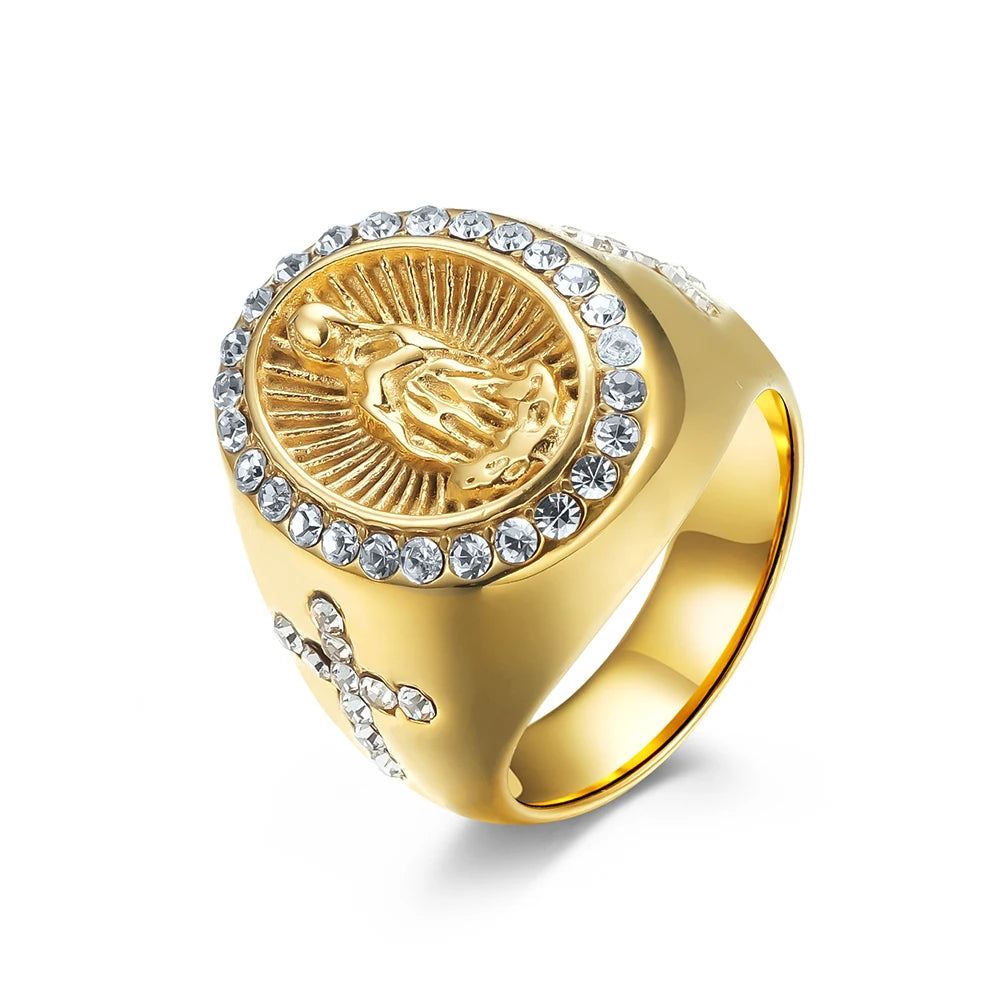 Fashionable Silver Stainless Virgin Mary Rosary Jewelry Cross Cz Crystal Stone Diamond Men Signet Ring