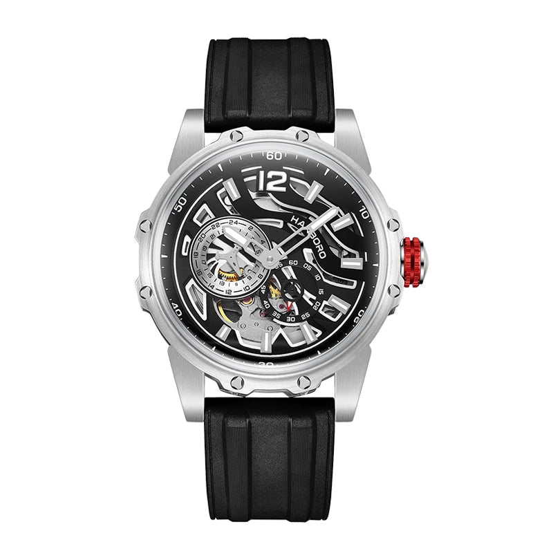 HANBOROM Men's Fully Automatic Mechanical Watch Pointer Dial 46mm Luminous Waterproof Rubber Band Glass Hollowed Design