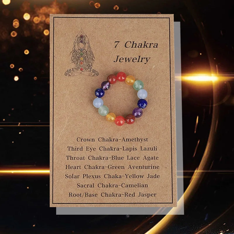 Wishcard Elastic 4MM Natural Healing Stones Jewelry Anti Anxiety Yoga 7 Chakra Ring