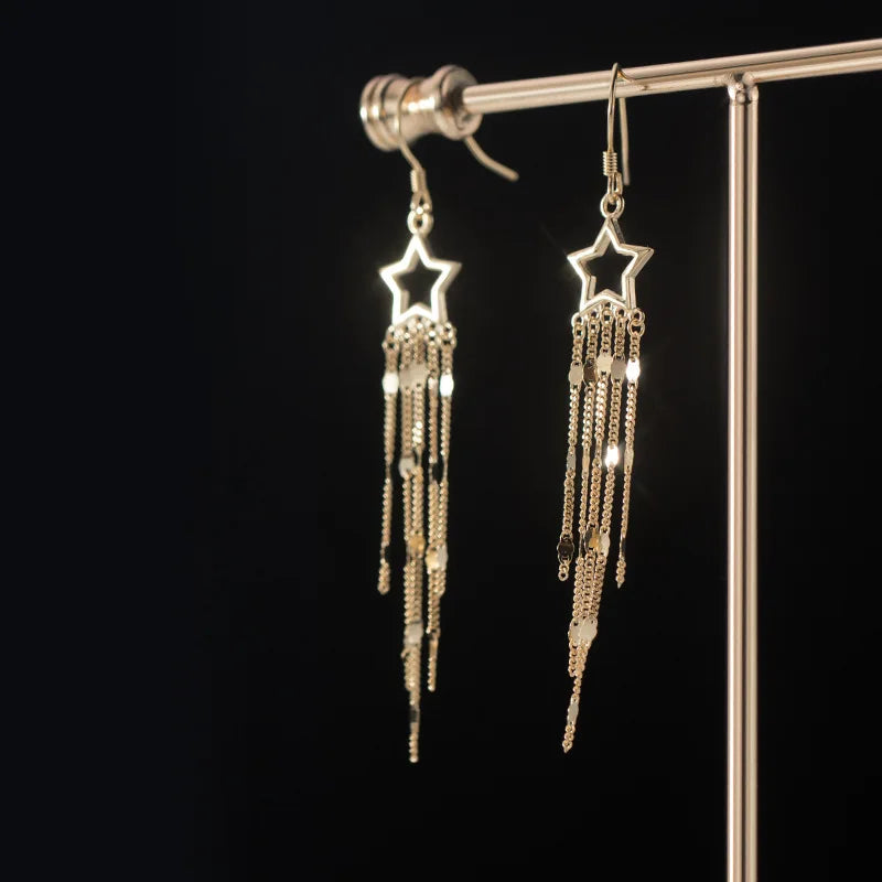 925 Sterling Silver Statement Long Tassel Dangle Drop Earrings 18K Gold Plated Star Shape Earings Party Jewelry for Women