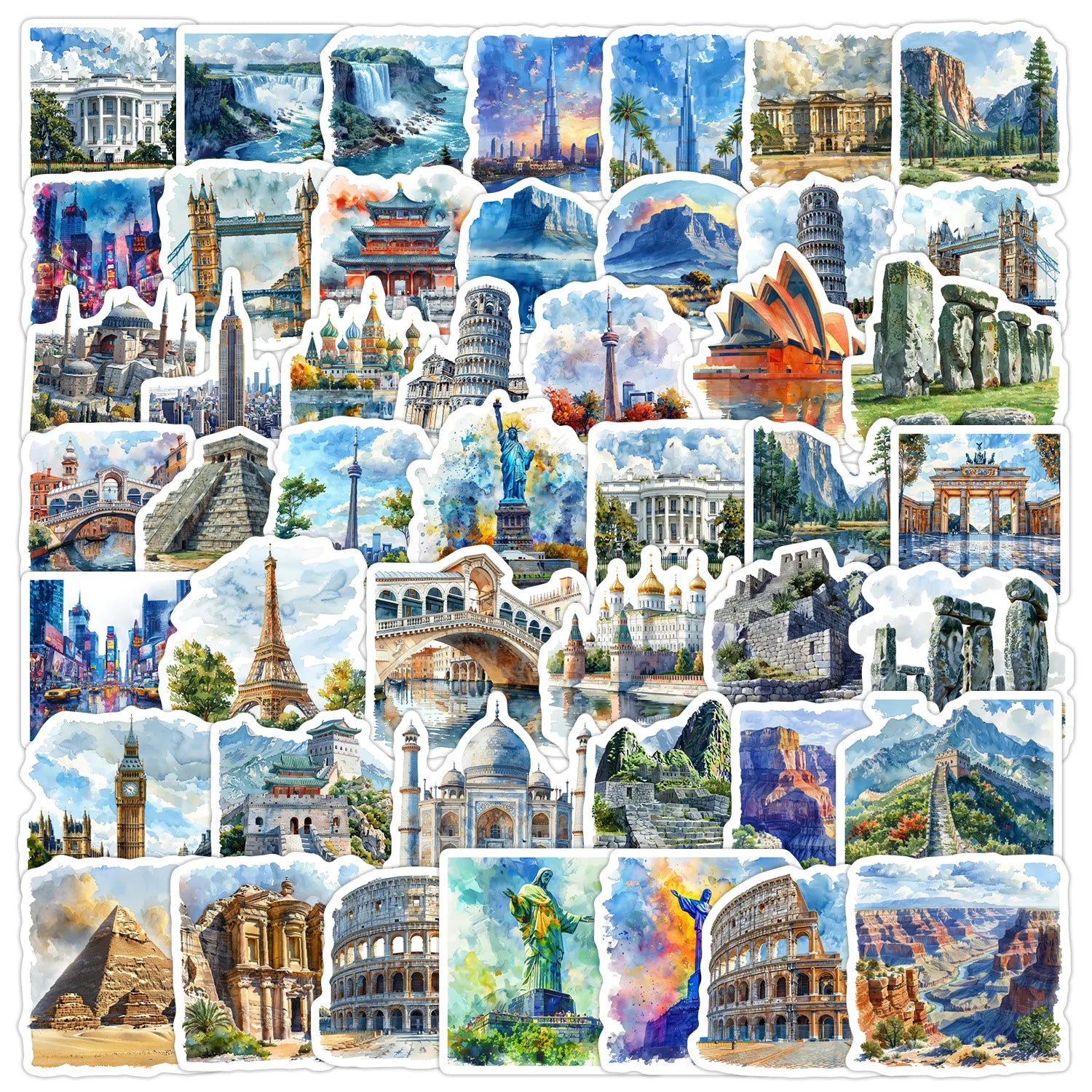 50Pcs Watercolor Landmark Building Graffiti Stickers for Luggage Suitcase Decor World Tourism Sticker