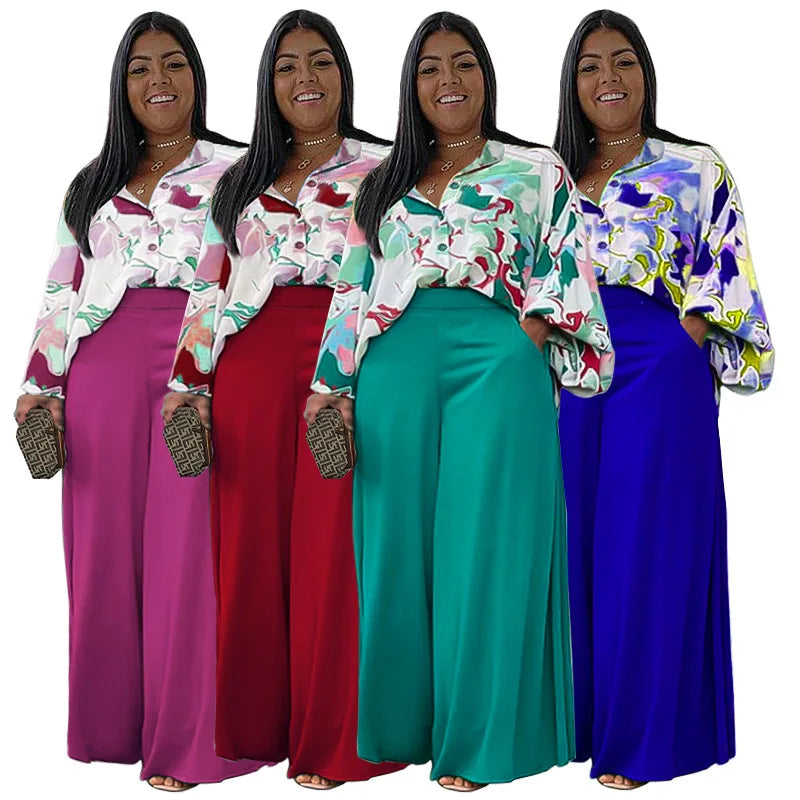 Dropshipping Products Plus Size Women's Clothing Loose Casual Print Shirt Top Wide Leg Trousers Pants Two Piece Women Sets