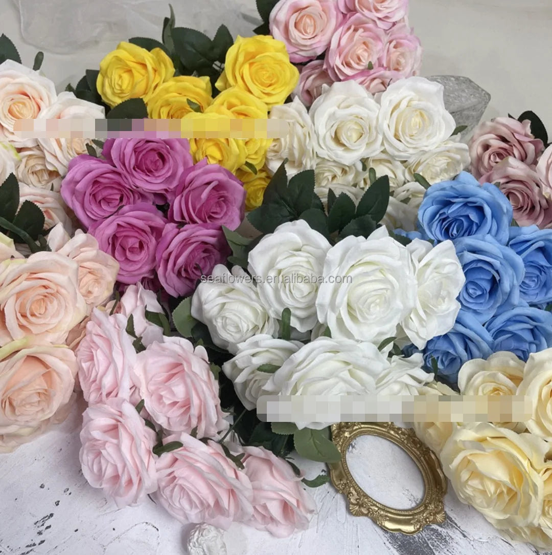 Artificial Silk Rose Bouquets 10-Head Pink Rose Floral Flowers for Wedding Christmas or Graduation Decorations
