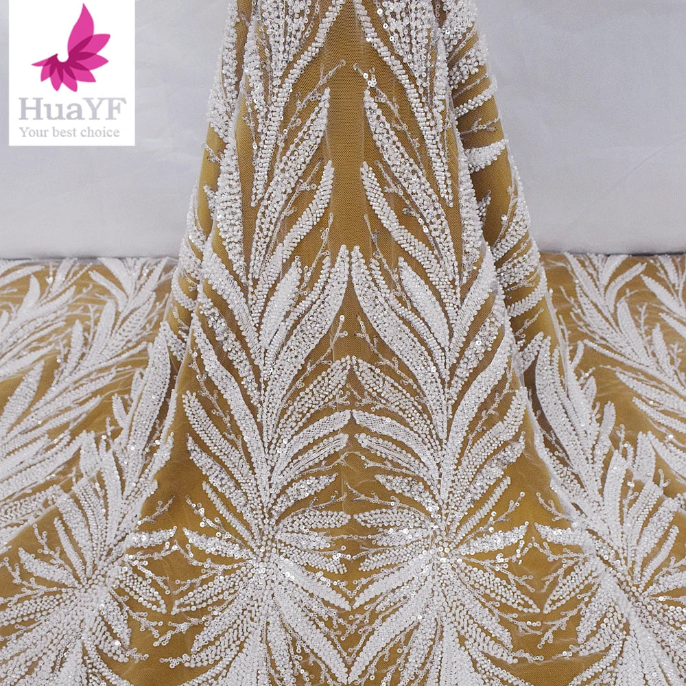 Elegant Pure White Beaded Lace Sequin Embroidery French Mesh Lace Fabric Material HY1930-3