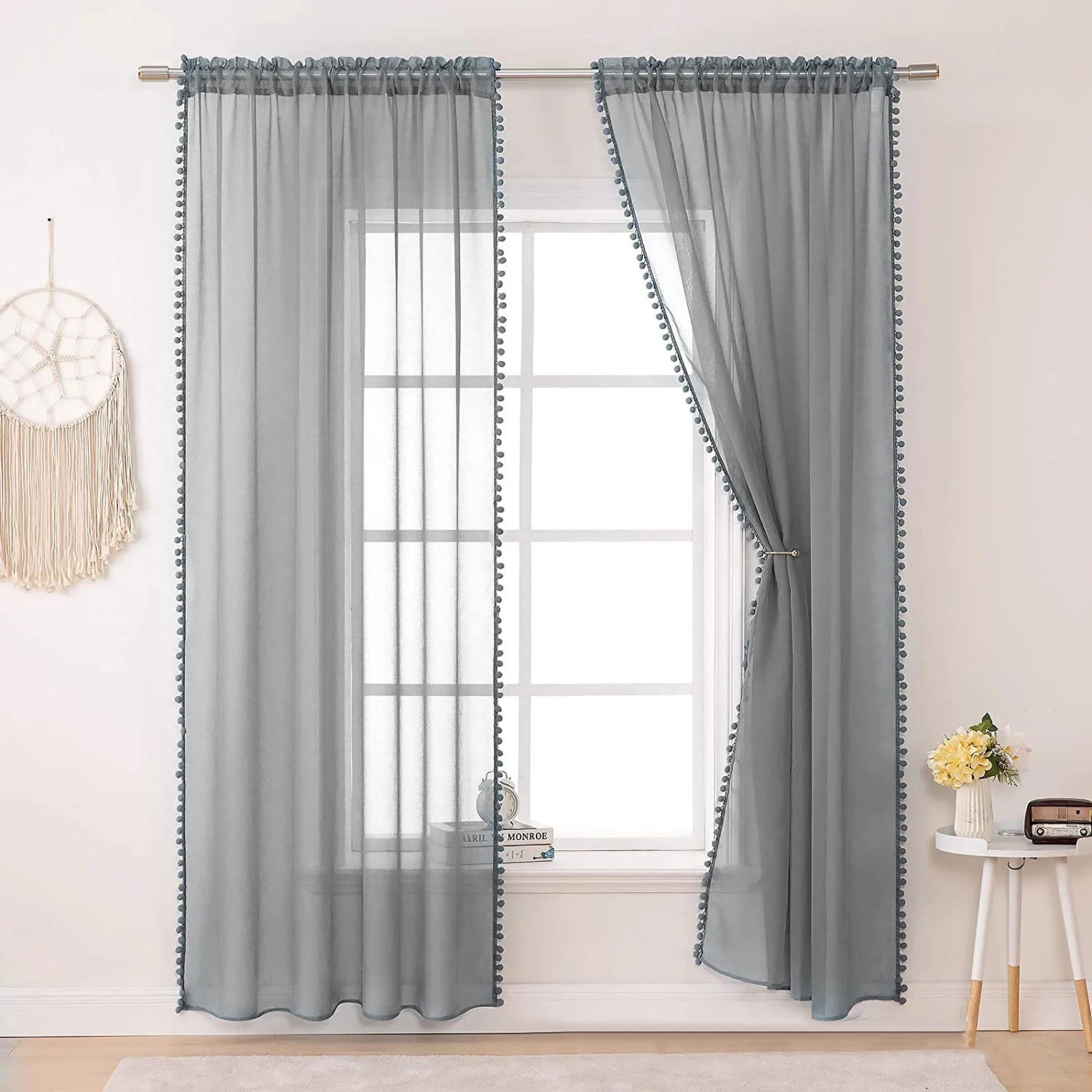 Fancy Home Window Linen Tulle Voile Curtains Sheer Pompom Rideau Voilage Balls Tassels with Pom Pom for Living Room