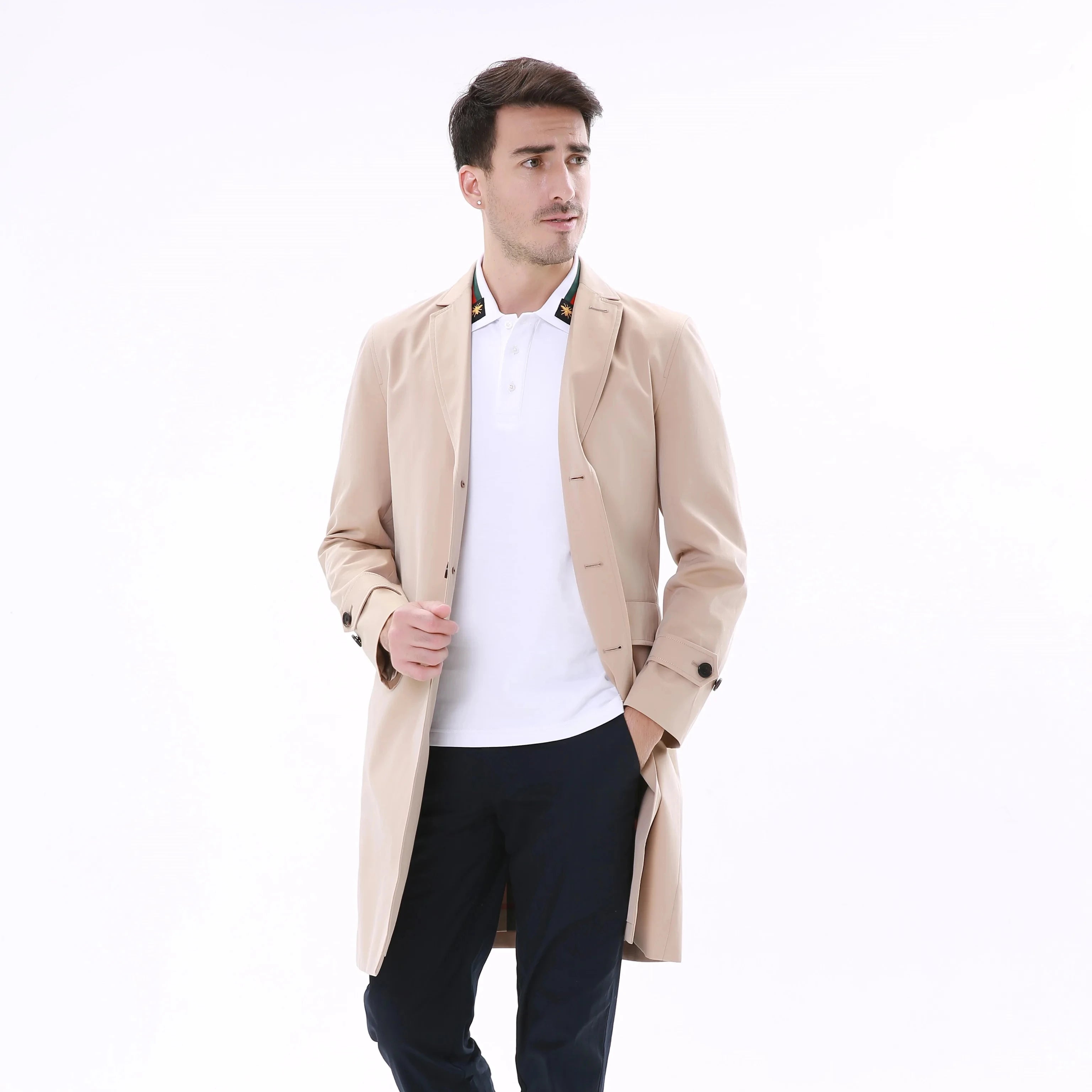 2023 Bosha Men's Khaki Trench Coat Single Breasted Overcoat with Flap Pockets Turn-Down Collar Anti-Shrink Feature