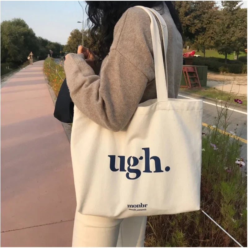 Custom Logo Eco-friendly Canvas Tote Bag Reusable Cotton Shopping Bag with Zipper Handled Carryall Letter Pattern for Gifts
