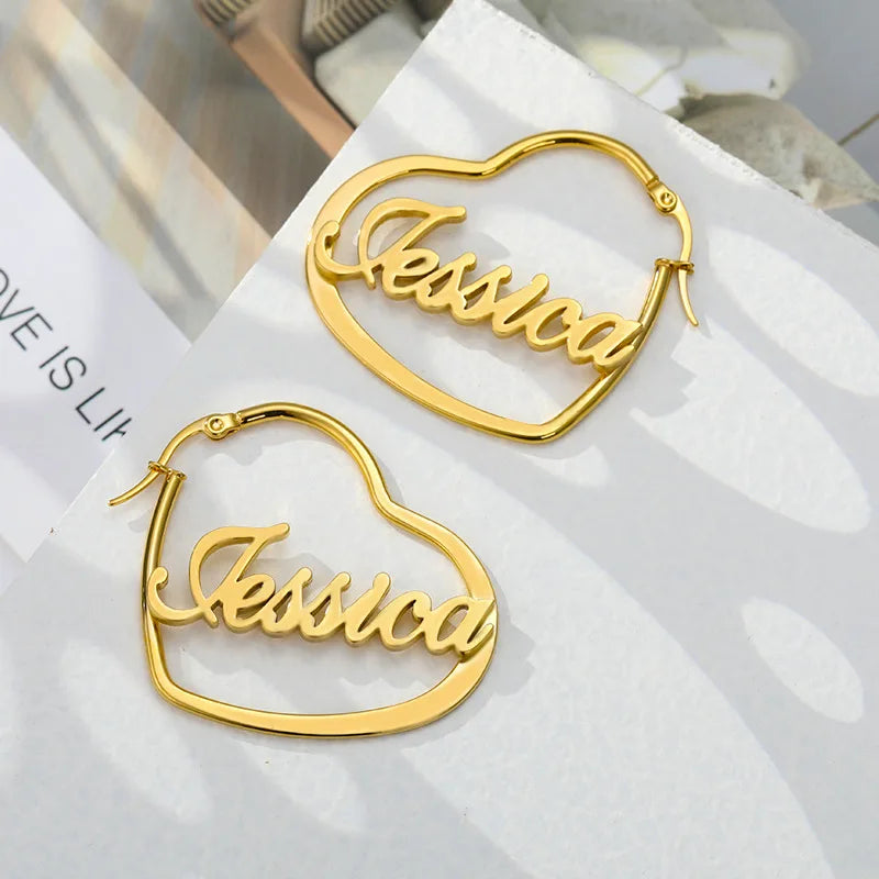 Qiuhan Heart Personalized Stainless Steel 18K Gold Heart  MINI Hoop Custom Name Earrings