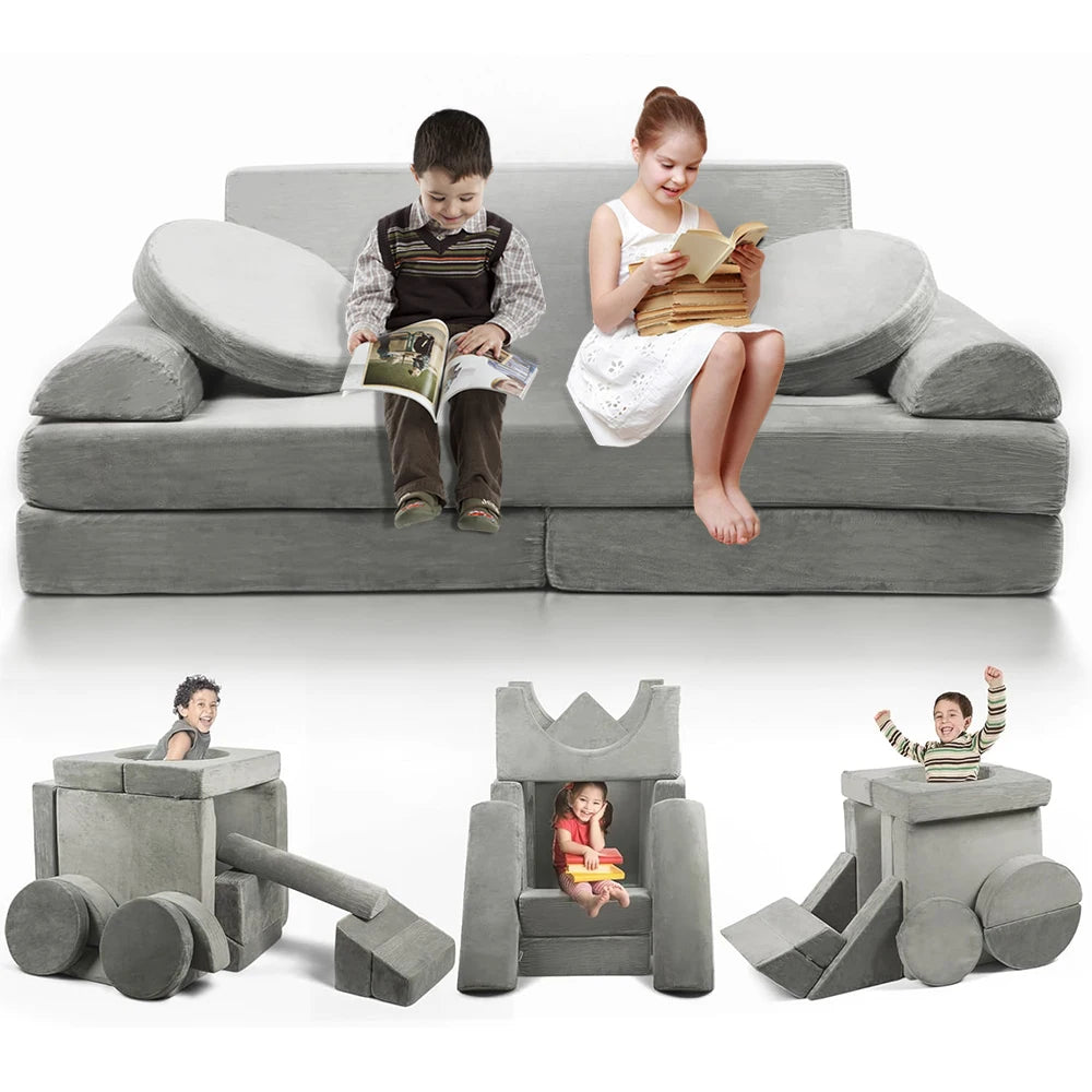 Modular Kids Play Couch-15 PCS Buildable Plush Play Couch Panels with Ball Pit Square  Kids Sofa Couch Furniture for Ages 5-12