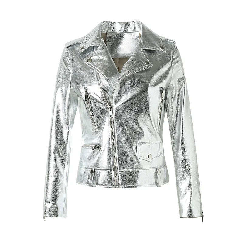 Winter Bright Silver Color Women Leather Coat Real Sheepskin Leather Motorcycle Jacket for Ladies