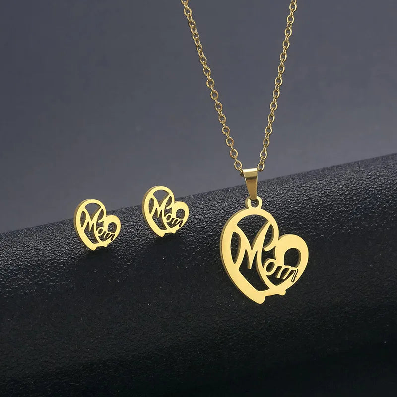 New MAMA Gold Plated Stainless Steel Necklace and Earring Set Fashion Accessories for Wedding New Year Christmas Mother's Day