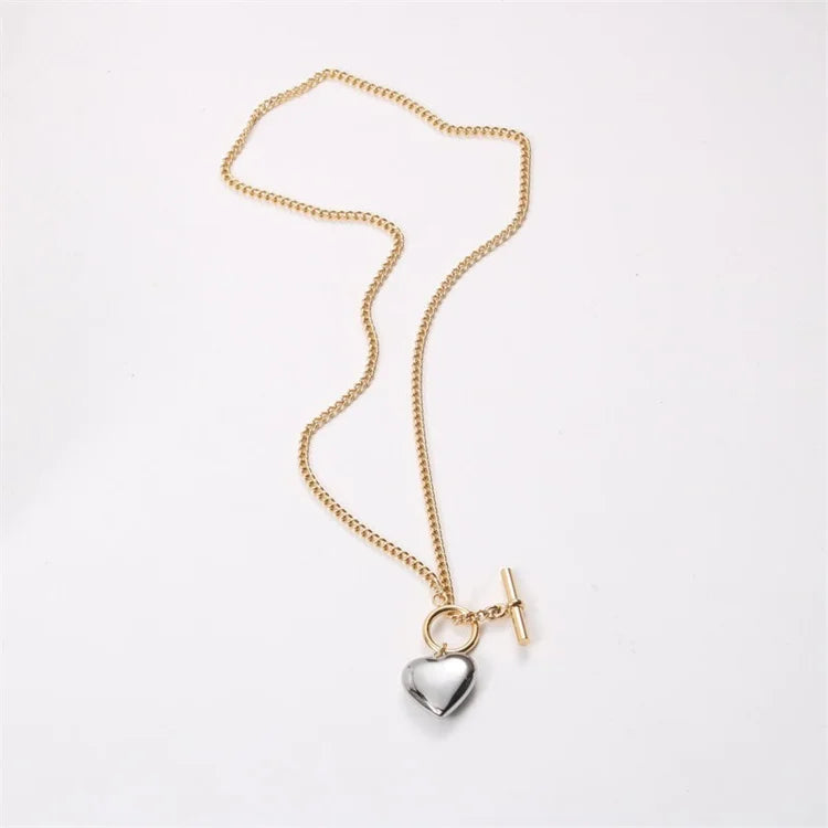 High Polishing OT Clasp Stainless Steel Cuban Chain Gold Plated Silver Heart Charms Pendant Women Necklace Custom Jewelry