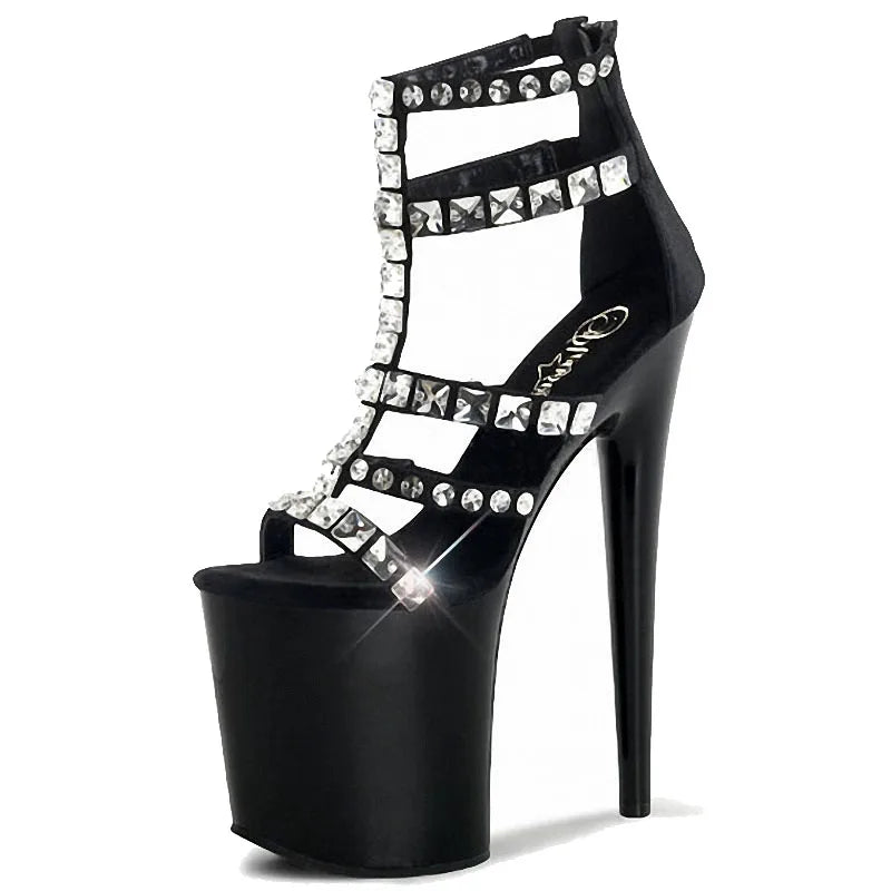 New Fashion Shiny Black Sexy High Heels Punk 20 Super High Heels Club Summer Sandals Large Women's Shoes