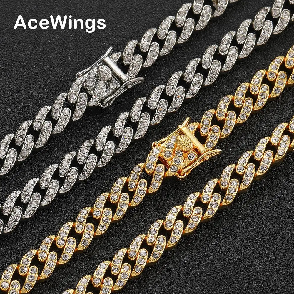 AC024  9mm Crystal Necklace for Men and Women Cuban Chain Necklace Hip Hop Jewelry
