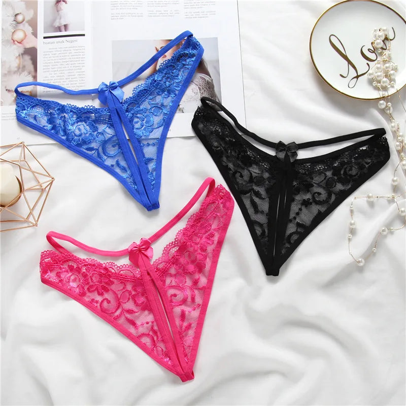 HD218 Hot Sexy Transparent Lace Edge Women's Hollow Out Low Waist Open Crotch Thongs Eco-Friendly Breathable