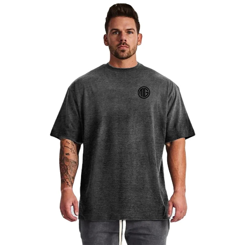Custom Logo Fashion Breathable Oversized O NECK Printed Men's Cotton Summer Fitness Gym Sports Short Sleeve Shirt