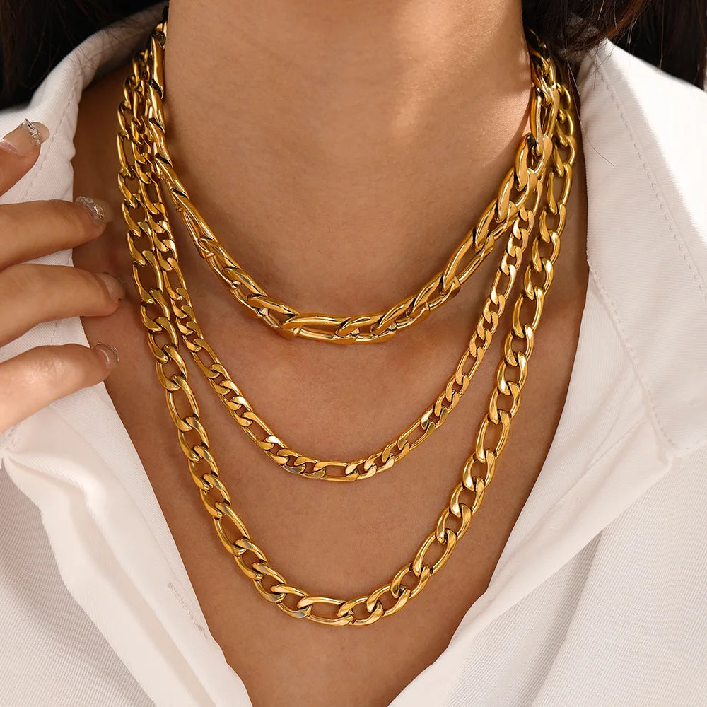 Women Waterproof Chunky 4 6 10 8MM Cuban Figaro Chain Choker Necklace Real Gold Stainless Steel Figaro Necklace 18k Gold