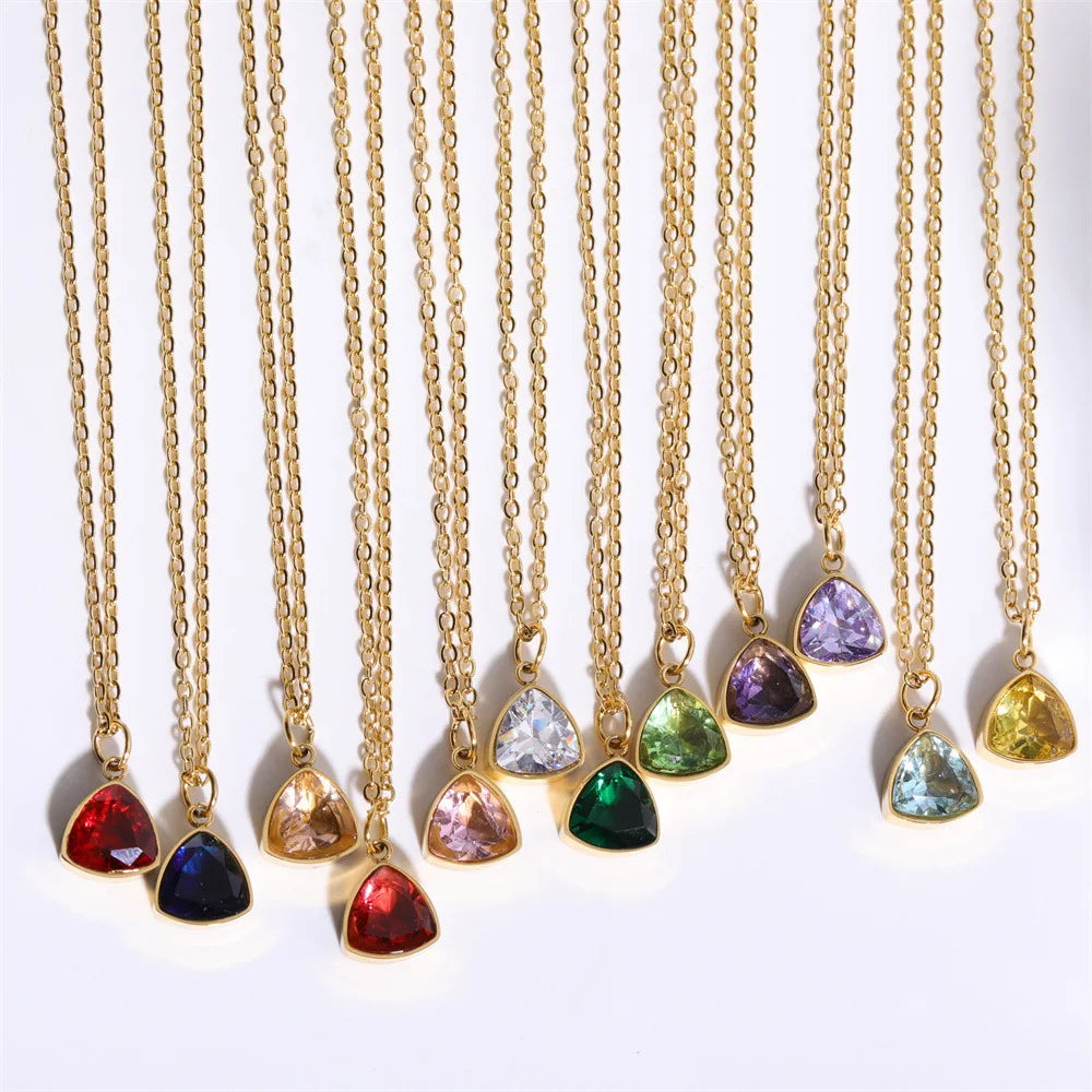 BJG0197N Women's Personalized 18K Gold Plated Stainless Steel Zircon Triangle 12 Months Birthstone Fashion Pendant Link Necklace