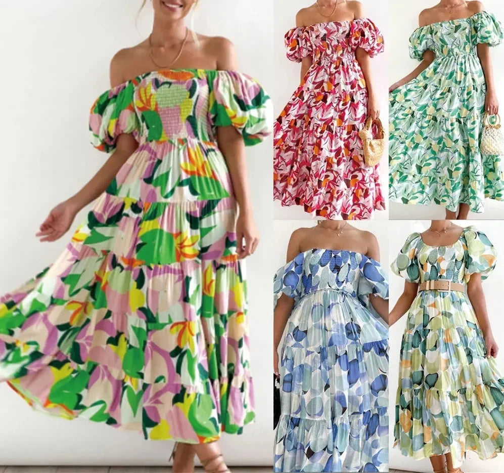 S-XL Summer  Fashion Ladies Long One-shoulder Floral Dress Women Clothing Casual Dresses Women's Maxi Dressesa