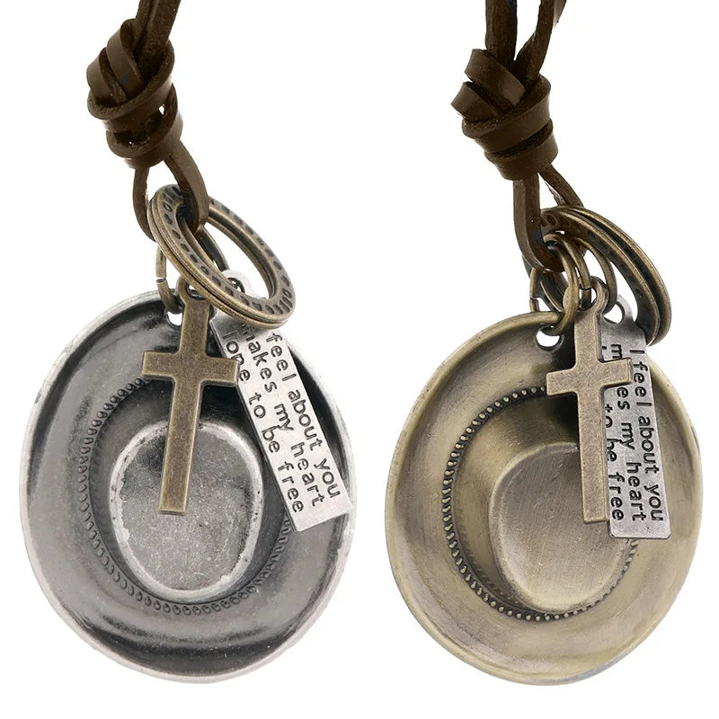 Wholesale Men Accessories Personality Jewelry Cross Necklace Adjustable Cowboy Hat Sweater Chain Men Leather Necklace