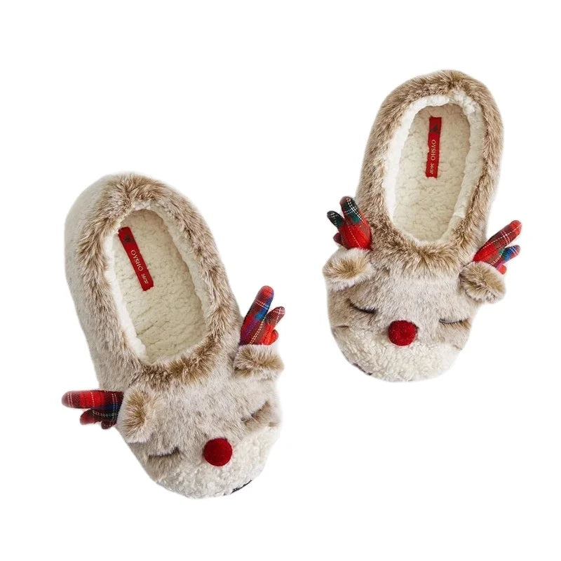 Lovely Winter Female Cotton slippers Plush Home Cartoon Christmas Elk Shoes Indoor Outside Anti-skid Soft Bottom slippers