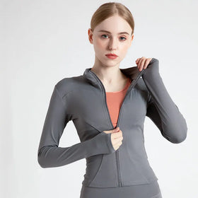Custom BBL Jacket Solid Wholesale Long Sleeves Full Zipper High Stretch Quick Dry Top Women Fitness Running Sports Yoga Jackets