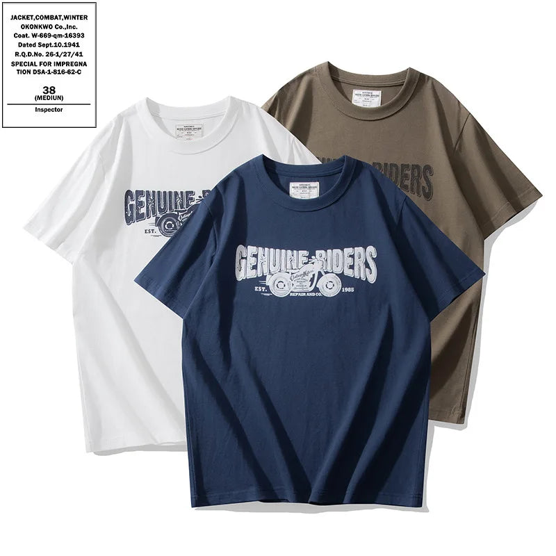 Summer Men Clothes Retro Motorcycle Pattern T-Shirt Summer Heavy Short Sleeves 100% Cotton Casual Letter Printed Hot Supplier