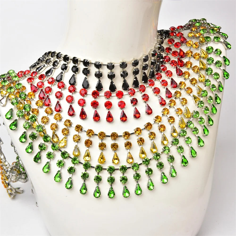 Fashion 2 Rows Round Water Drop Pendant Tassel Diamante Trims Rhinestone Crystal Chain Diy Necklace Clothing Shoes Accessories