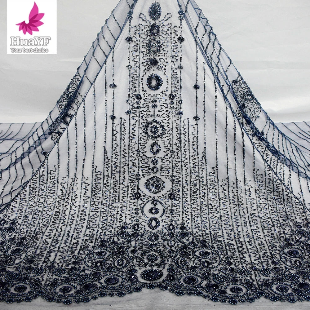 HY2820 New Elegant Dubai Nave Blue Beaded Sequin Evening Gown Lace Fabric Wedding Dress Large Size Wholesale Fabric