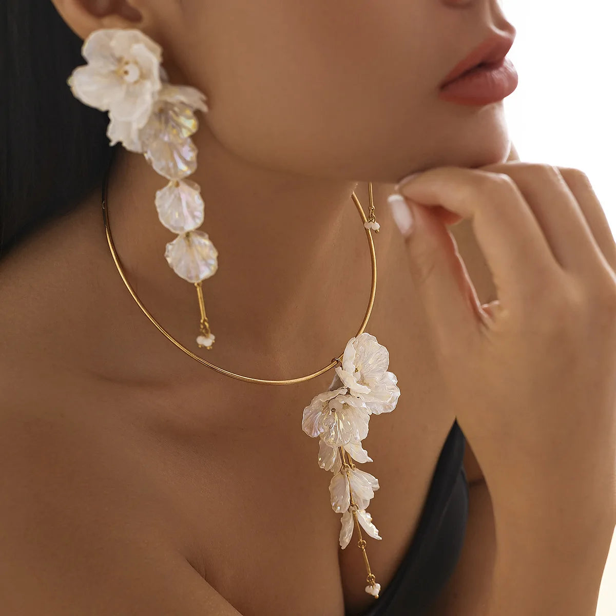 ODM New Arrival Trendy Colorful Flower With Long Tassels Stud Earrings Necklace Set Jewelry for Women