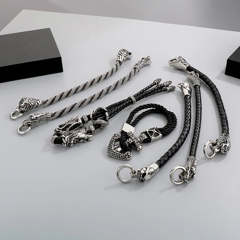 Vintage Trendy Jewelry Bangle Stainless Steel Clasp Braid Genuine Leather Bracelet for Men Gift Wholesale Customize
