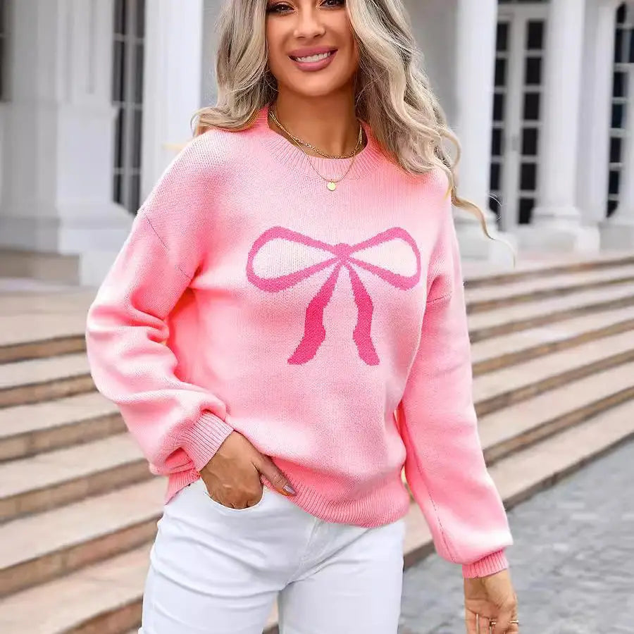 Manufacturer Autumn Winter Bow Sweater Custom Oversized Knitted Valentine Sweater for Women
