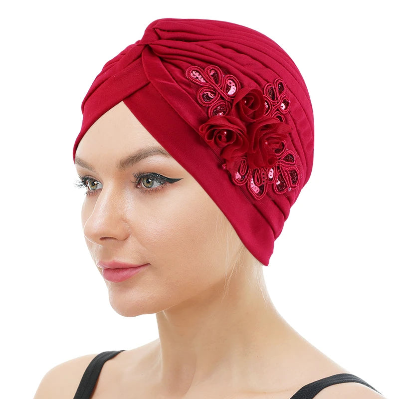 Wholesale Custom Logo Hair Accessories Single Layer Twisted Turbans Plain Sequins Flower Girls Turban Hats for Women