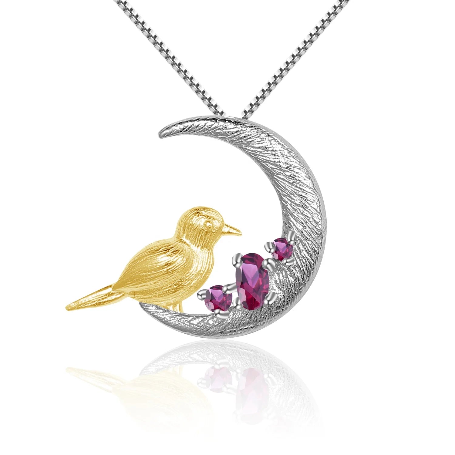 Abiding 925 Rhodolite Sterling Silver Natural Gemstone Jewelry Moon Bird Original Handmade Pendant Necklace for Women