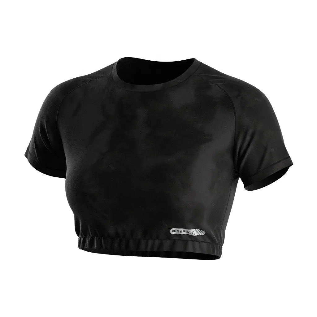 Black Ladies Workout T-Shirt Crop Design Short Sleeves Sweat-wicking Breathable Custom Printing Athletic Wear