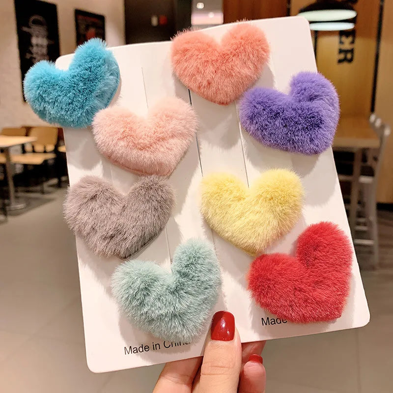 New Fashion Winter and Autumn Heart Hair Clips Cute Plush Hair Pins Candy Color Fluffy Hair Clip for Women Girls