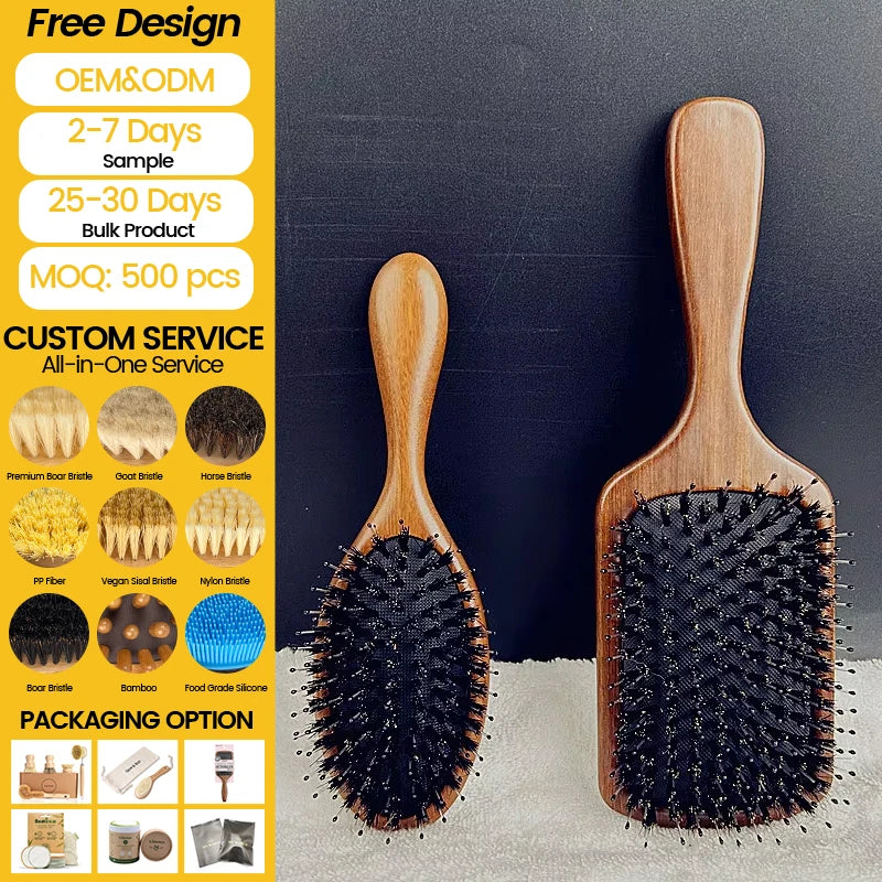 Customized Logo Sandalwood Wide Tooth Comb Pandle Hair Brush with Boar Bristle for Scalp Massage Comb for Travel