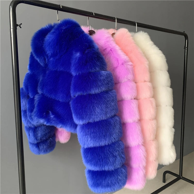 Women's Super Popular Black Fox Fur Jacket Customizable Stand-Up Collar Panelled Cropped Coat Winter Faux Fox Faux for