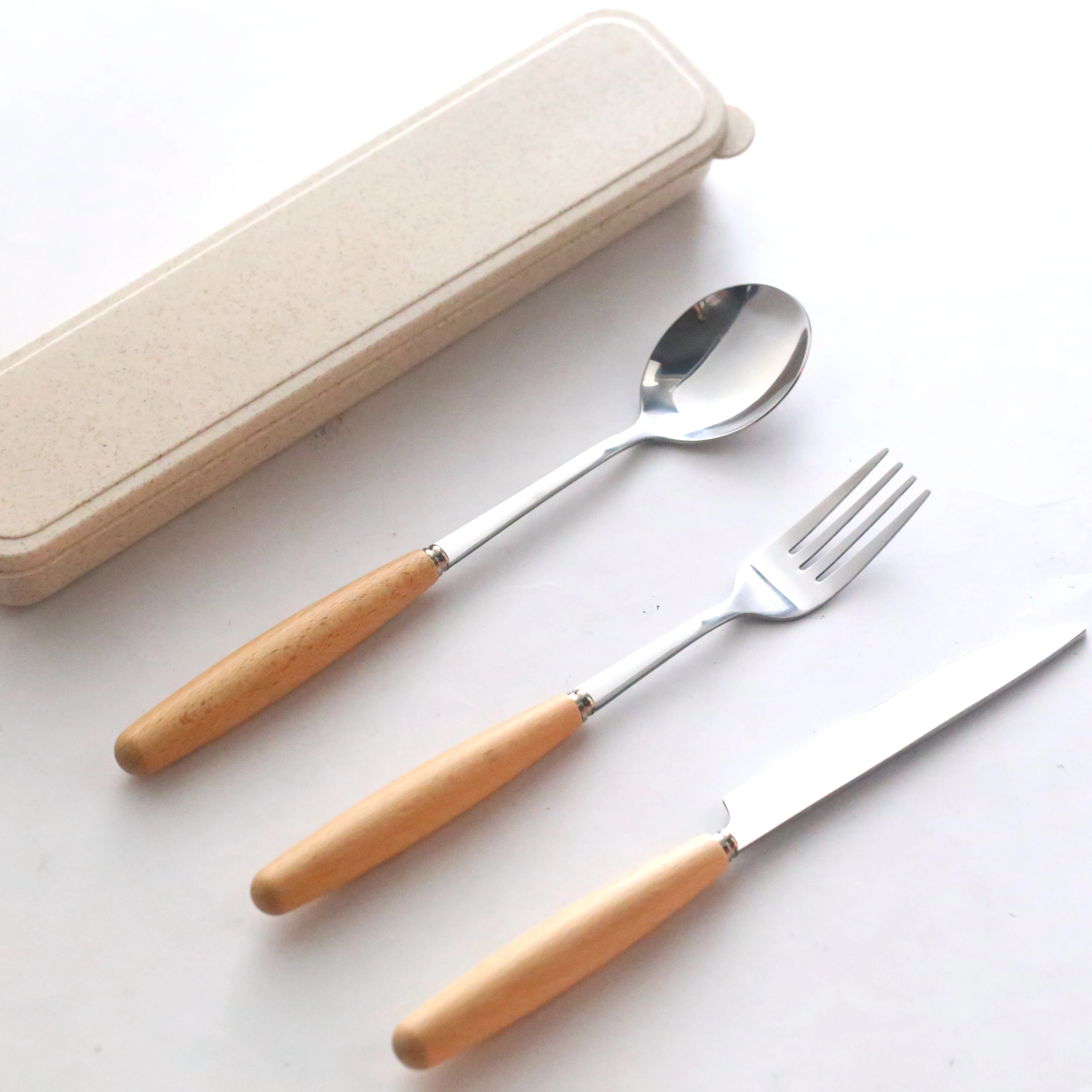 Portable Stainless Steel Cutlery Wooden Handle Spoon Fork Knife Flatware Set in Box