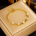 Women's Trendy 18K Gold Plated Zirconia Love Heart Charm Bracelet with Stainless Steel Flat Curb Chain for Gift