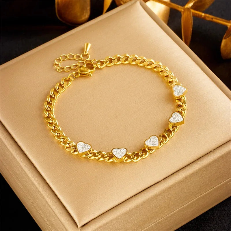 Women's Trendy 18K Gold Plated Zirconia Love Heart Charm Bracelet with Stainless Steel Flat Curb Chain for Gift