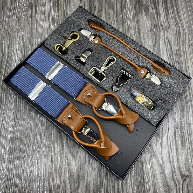 Wholesale 1 Set  Men Suspender Eight Ways Suspender  Genuine Leather Elastic Suspender for Gift
