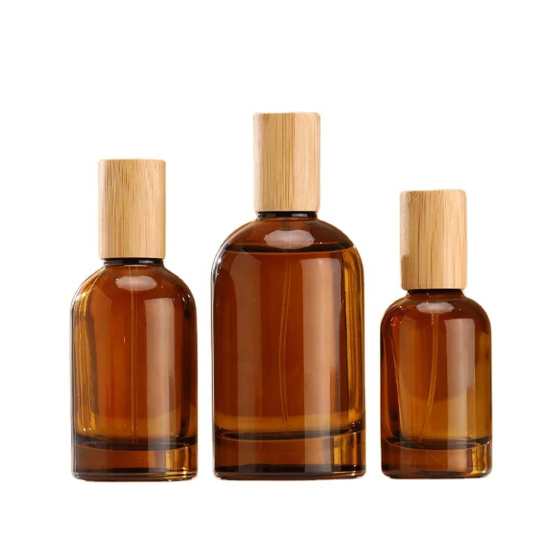 30ml Bamboo Wood Essential Oil Bottle with Atomizer Amber Perfume Glass Bottle Pump Sprayer Seal Cap