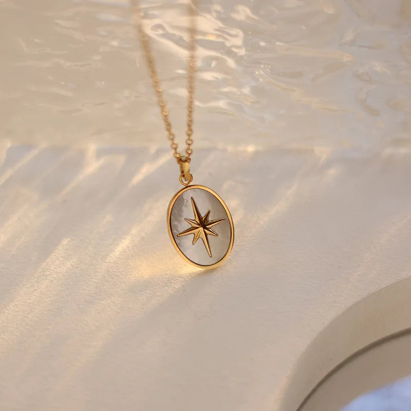 Ivanda Hot Sale Ladies Stainless Steel Gold Plated Star Anise Necklace Trendy Oval White Shell Fritillary Parties Weddings Gifts