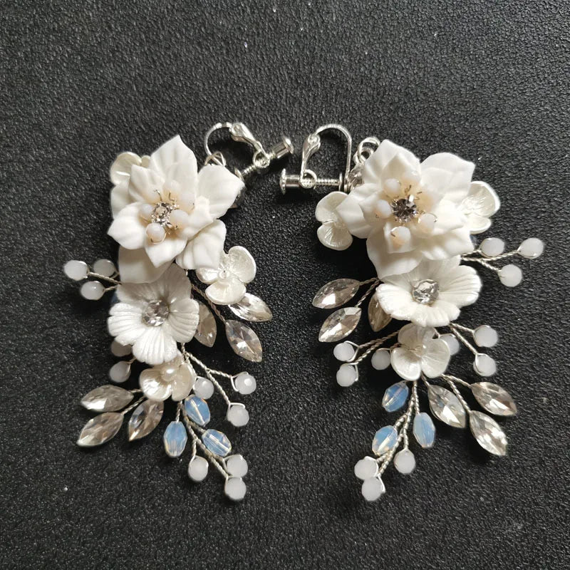 SLBRIDAL Handmade Rhinestones Crystals Pearl Ceram Flower Bridal Dangle Earring Wedding Chandelier Earring Fashion Women Jewelry