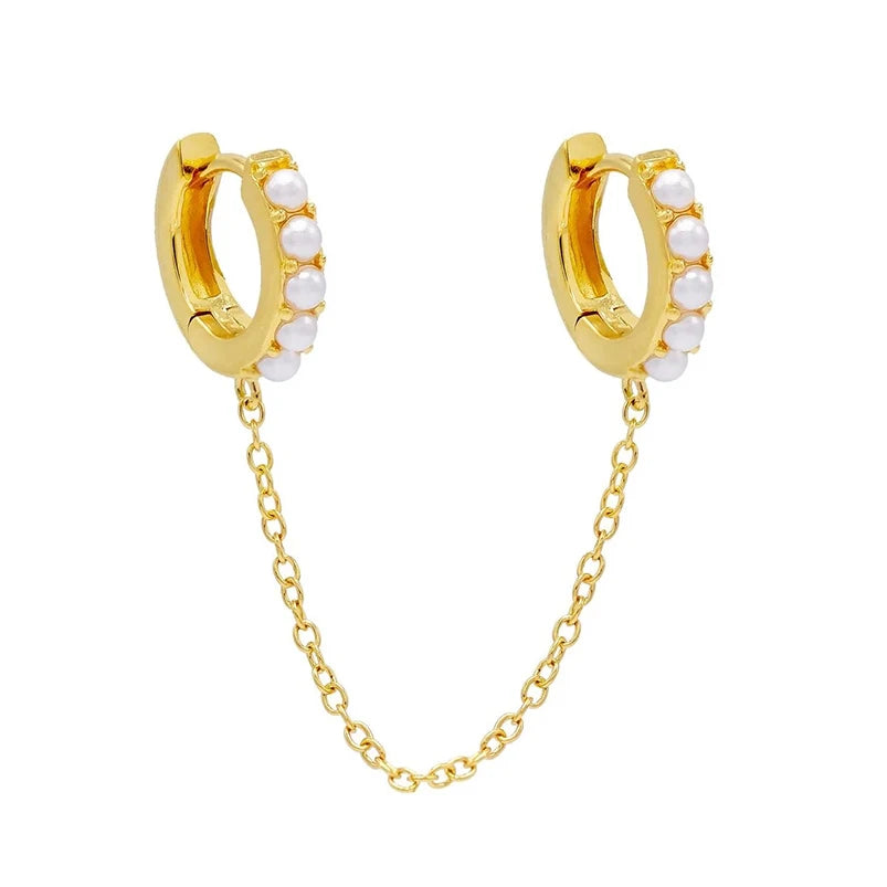 925 Sterling Silver Women Jewelry Pearl Huggie Chain Hoop Wedding Earrings 925 Silver