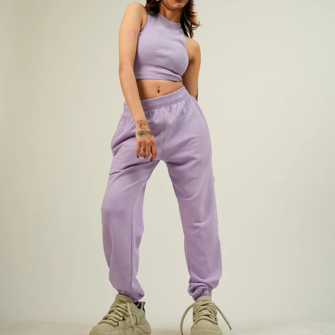 Custom Logo  Women's Sportswear Cropped Tops and Pants Sleeveless Sweatshirt Pants Set Lady Elastic Waist Jogger Sweatsuit