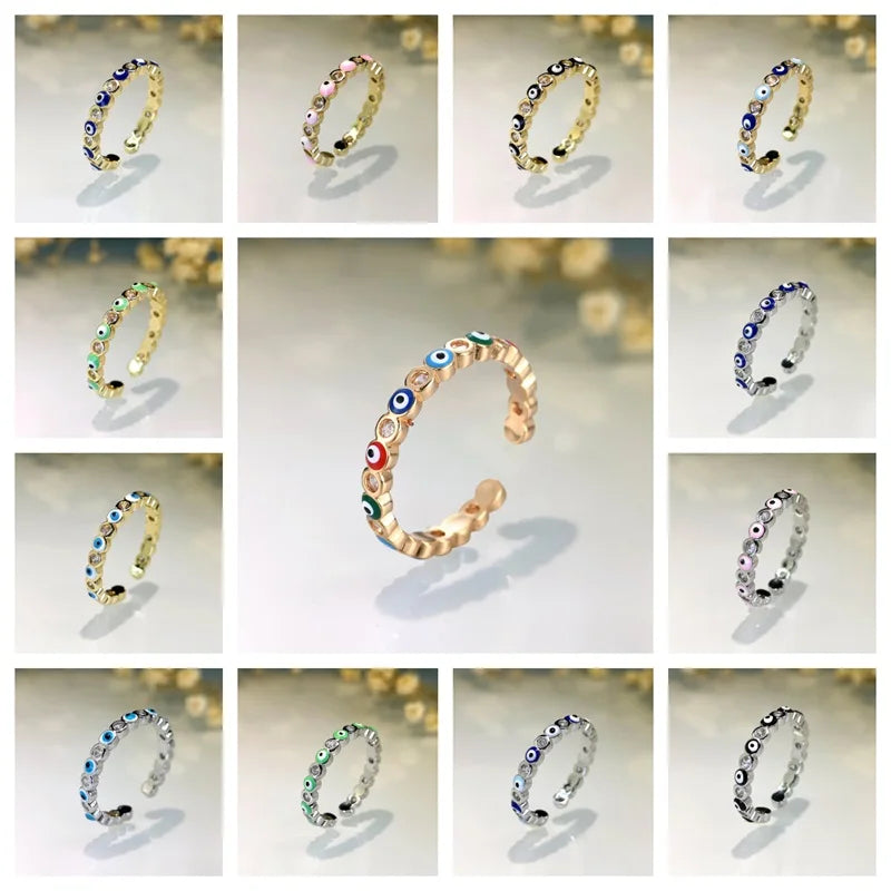 Lucky Turkish Blue Eyes Ring With Women Real Gold Plated Zircon Open Copper Adjustable Stackable Enamel DEvil Eye Ring